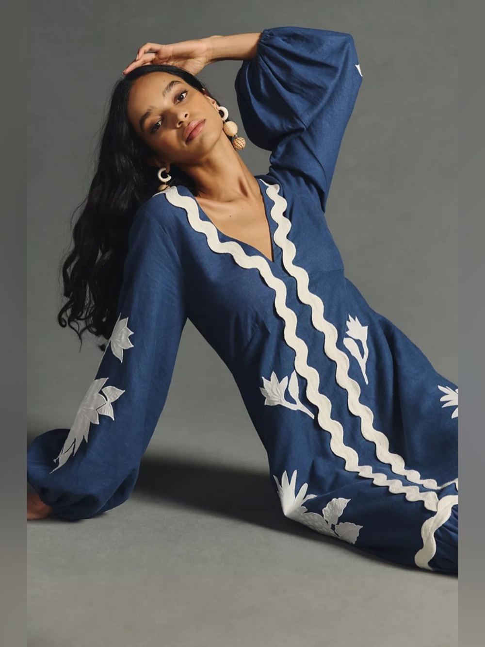 Farm Rio blue embroidered long sleeve maxi dress - Picture 4 of 10